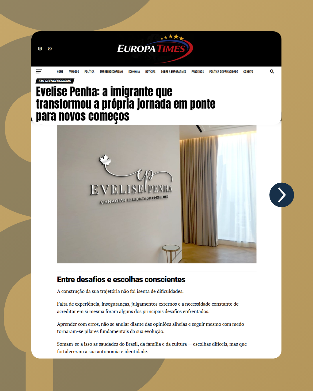 Matéria sobre Evelise Penha no Europa Times