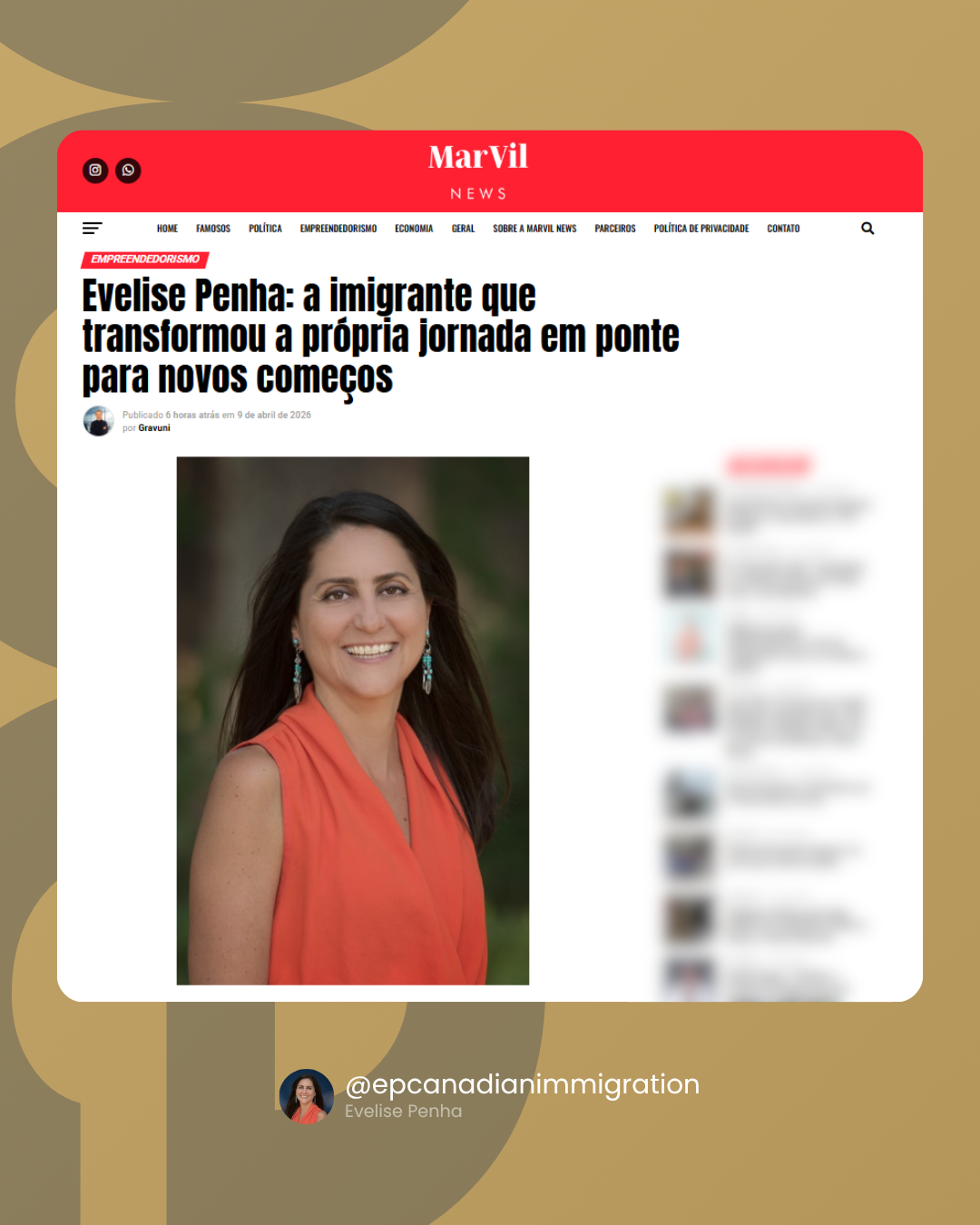 Matéria sobre Evelise Penha no Marvil News